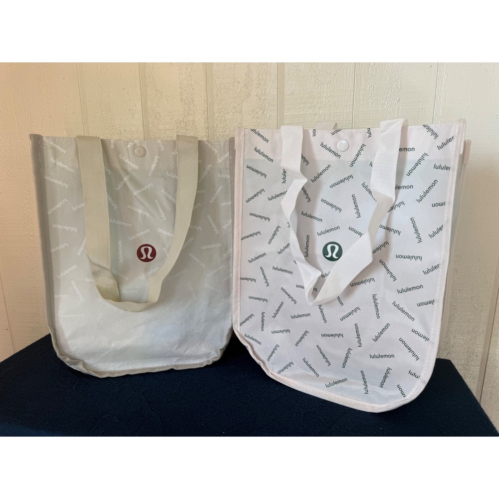 Lululemon Set of 2 Small Reusable Shopping Tote Bags White Grey Red Green Logo